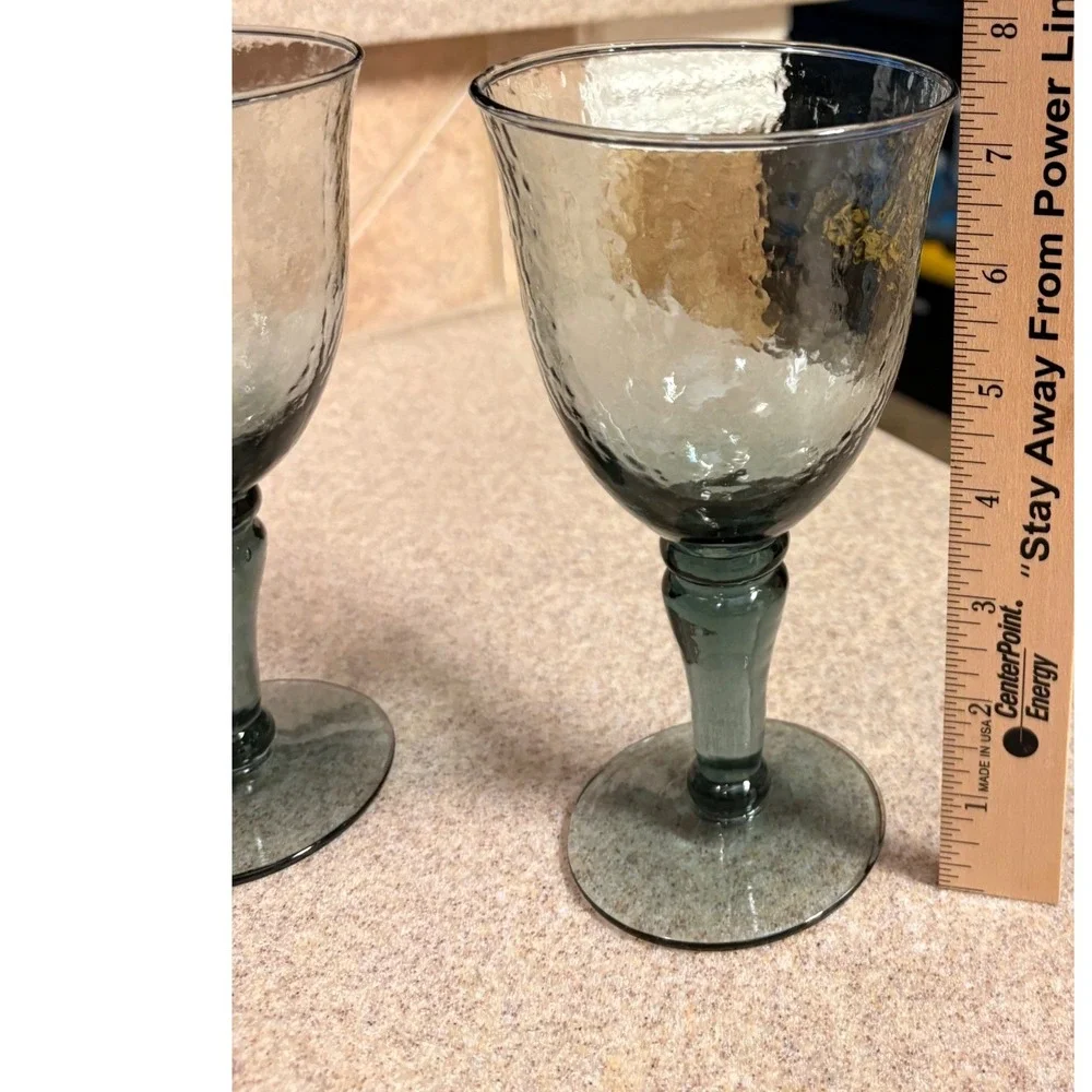 Pottery Barn Set of 2 Smoke Gray Hammered Glass Wine Water Rustic Goblet  7.5in
